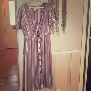 Striped Button Romper like Dress w/Tie front